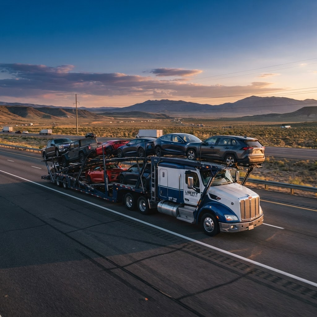 Auto transport carrier truck loaded with vehicles on a highway
