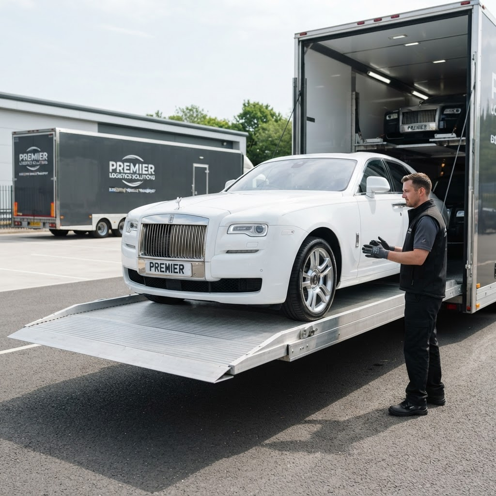 A luxury car being loaded into an enclosed auto transport trailer